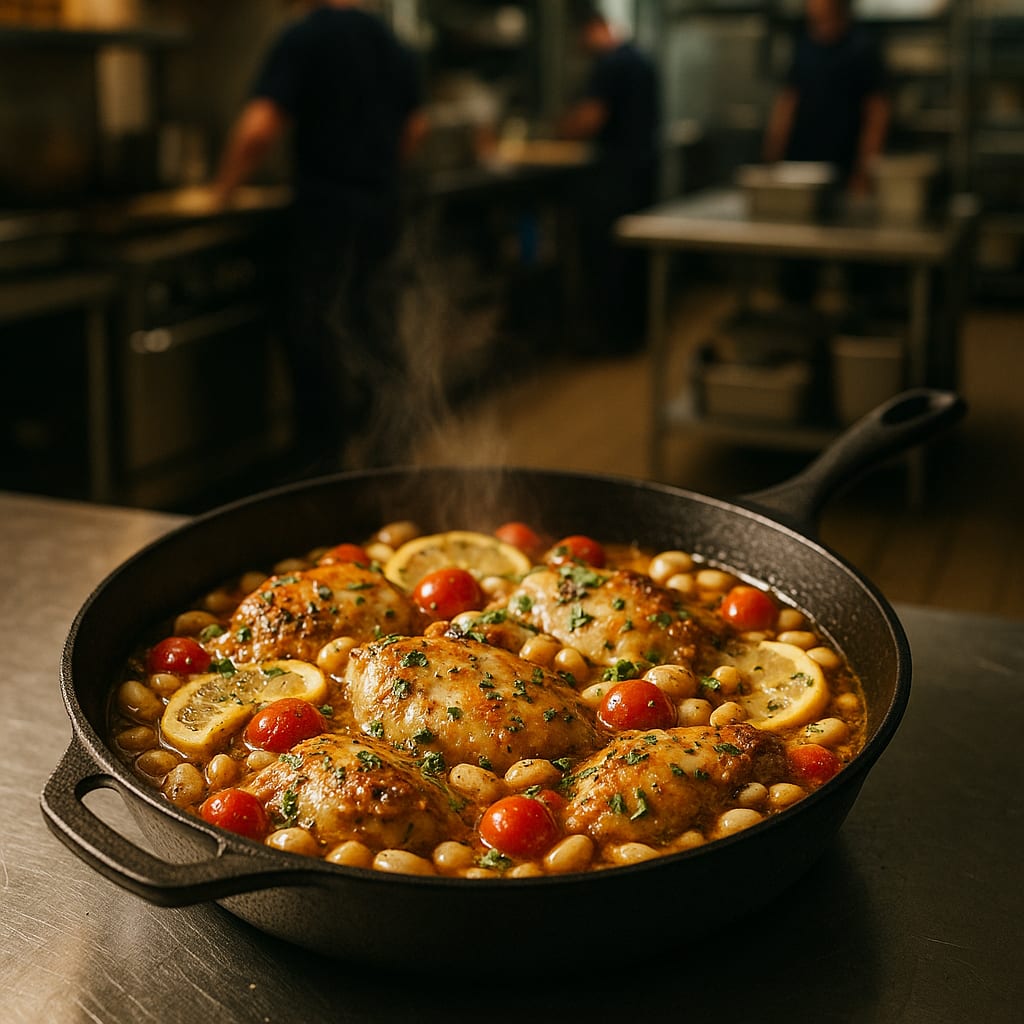 Mediterranean Chicken & White Bean Skillet — boneless chicken thighs, cannellini beans, cherry tomatoes, and lemon slices