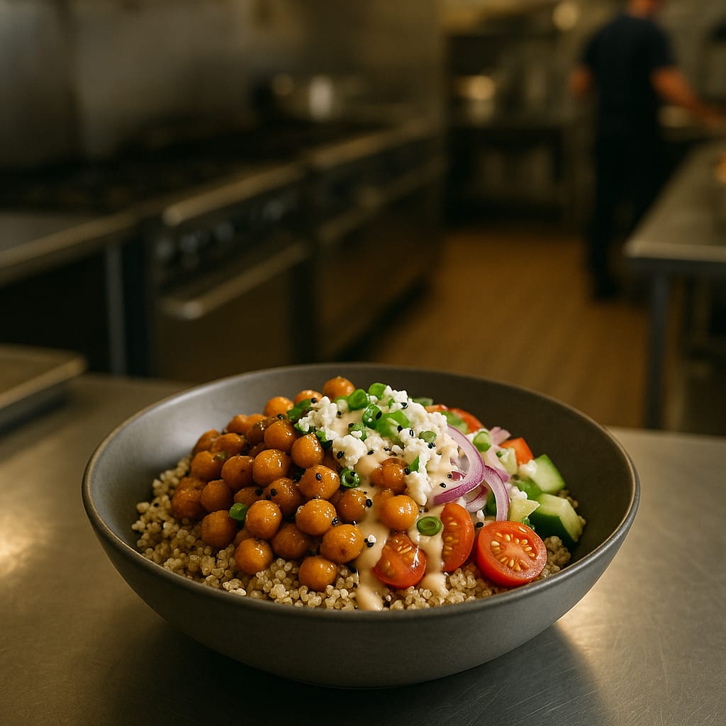 Mediterranean Chickpea Bowls — quinoa bowl topped with roasted crisp chickpeas, cherry tomatoes, cucumber, red onion, feta, and lemon-tahini drizzle, no meat