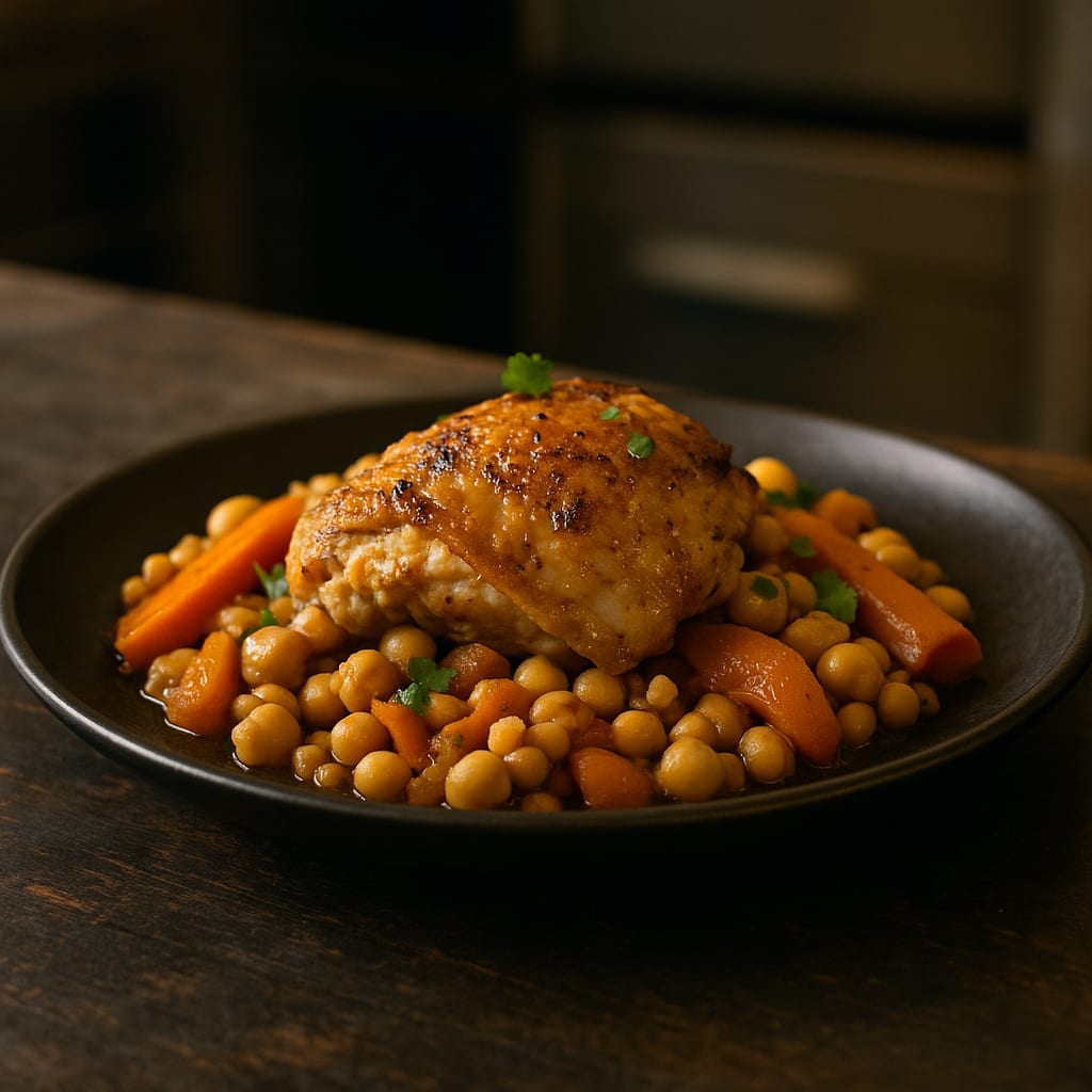 Moroccan Chicken and Chickpeas — bone-in chicken thighs, carrots, and dried apricots