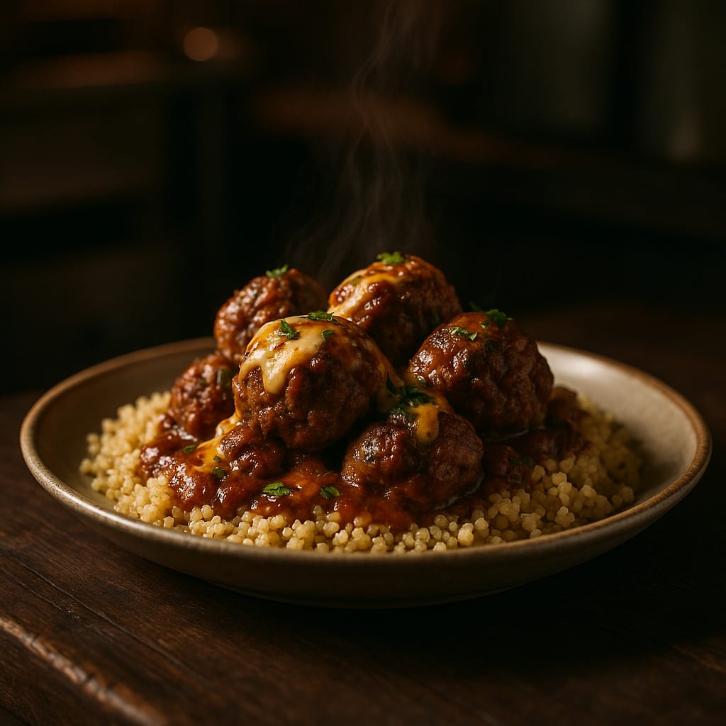 Moroccan Lamb Meatballs — couscous, tomato sauce, and cilantro