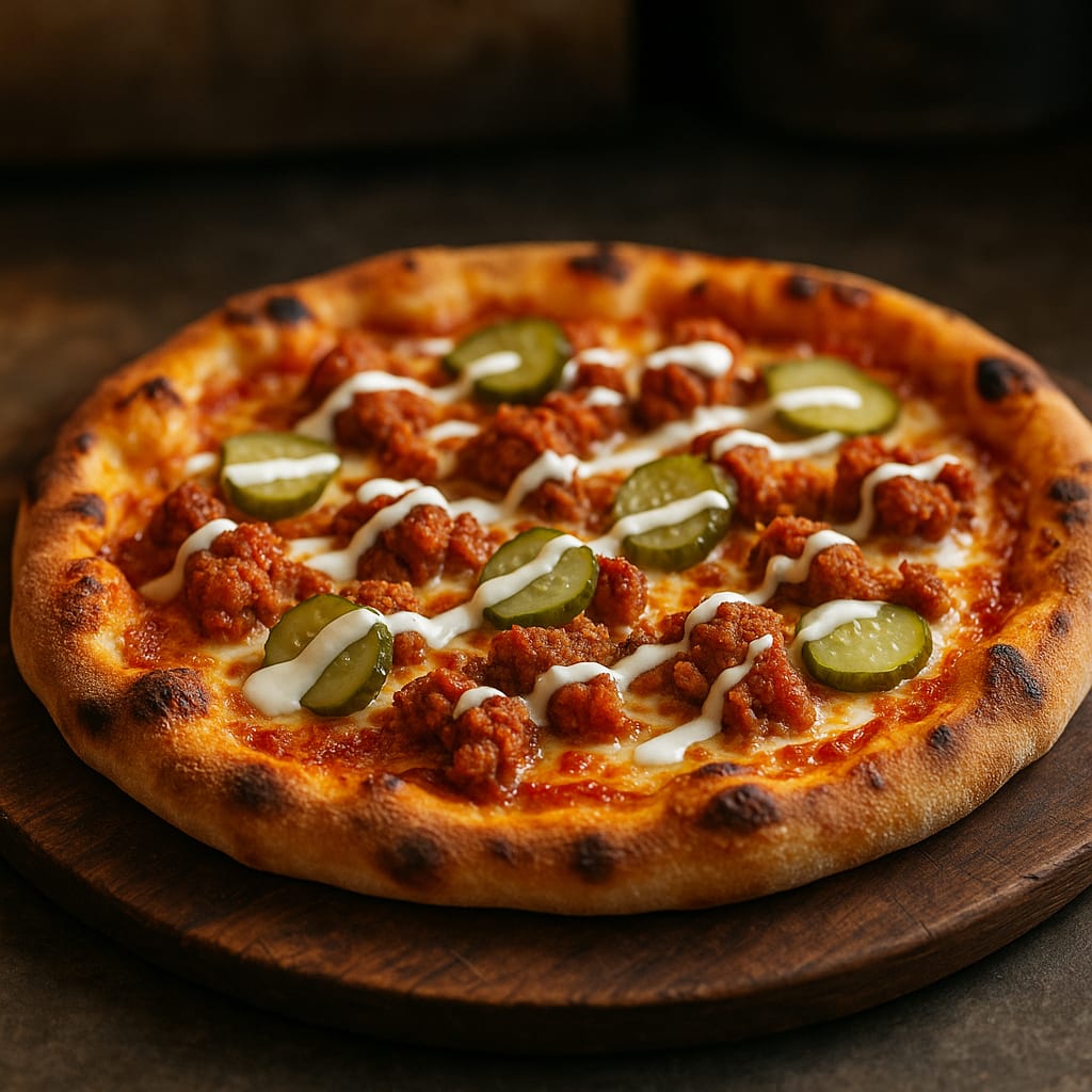 Nashville Hot Chicken Pizza — pizza crust, chicken pieces, pickle chips, mozzarella cheese, and ranch drizzle