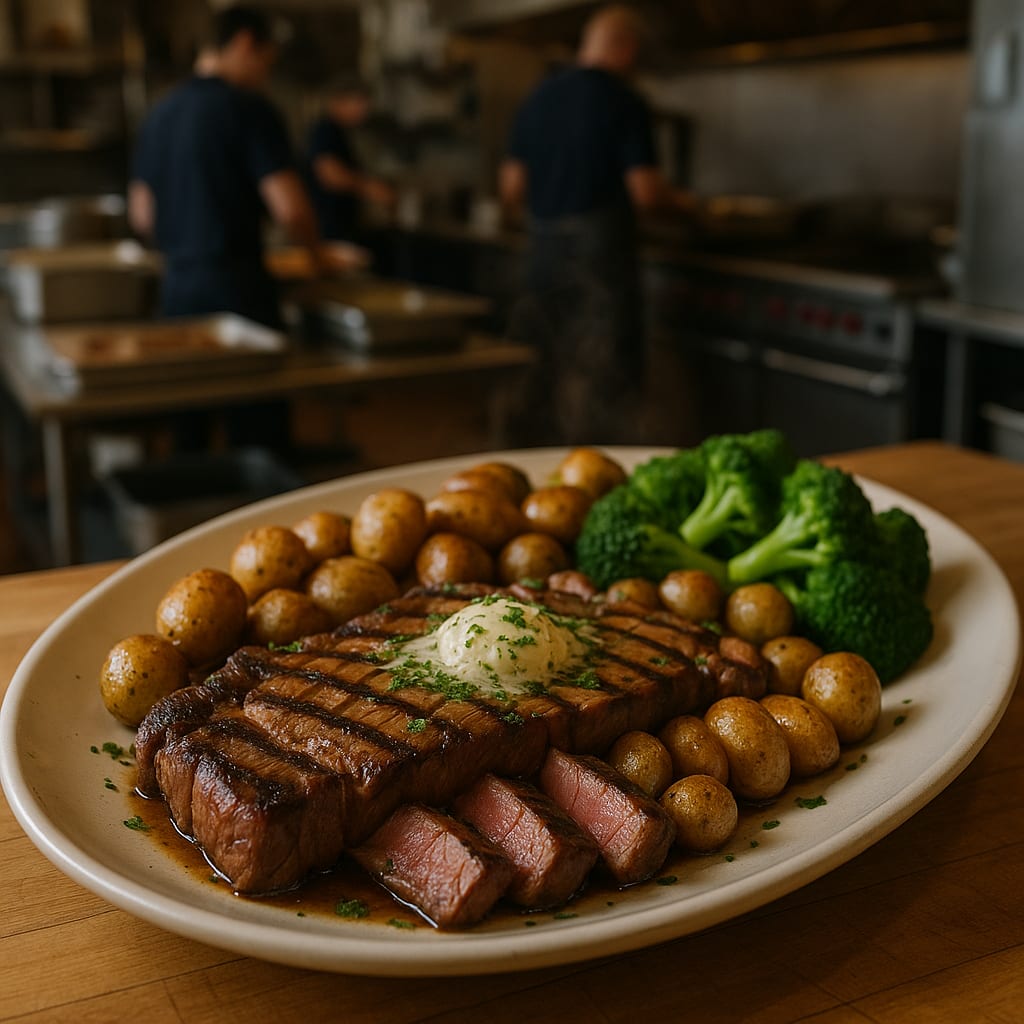 NY Strip with Herb Butter — ny strip steak, unsalted butter, fresh parsley, baby potatoes, and broccoli