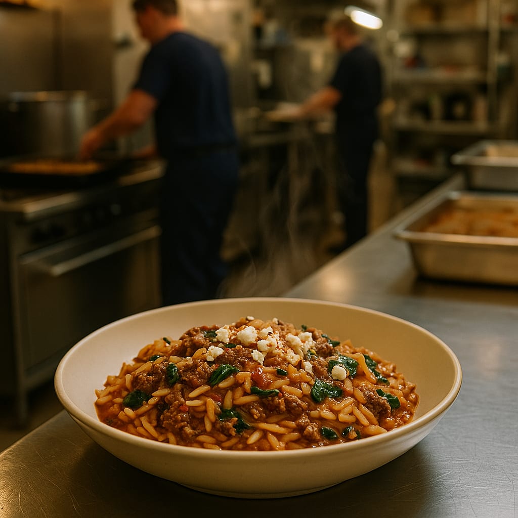 One-Pot Beef & Orzo Skillet with Spinach and Feta — ground beef, feta cheese, and tomato sauce