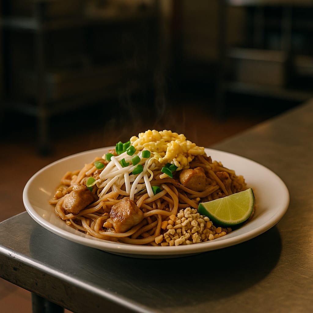 Pad Thai — flat rice noodles, boneless chicken thighs, scrambled eggs, bean sprouts, green onions, roasted peanuts, and lime wedge