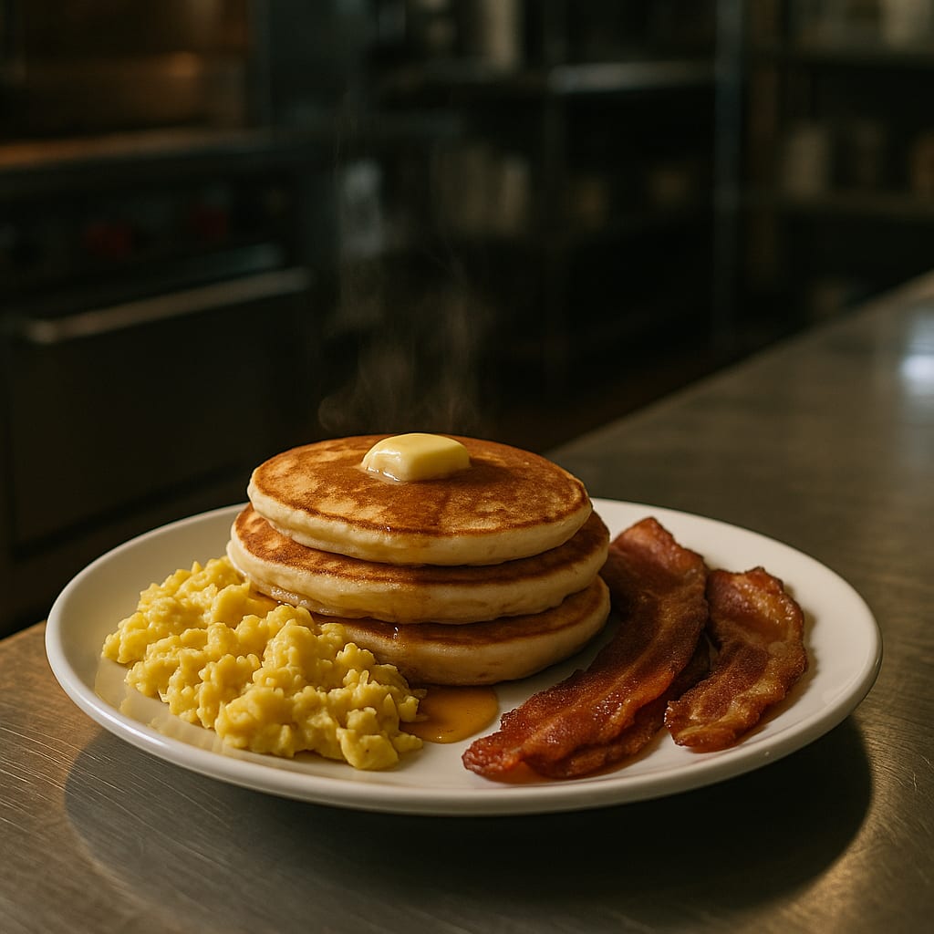 Pancake Short Stack — scrambled eggs, bacon, butter, and maple syrup