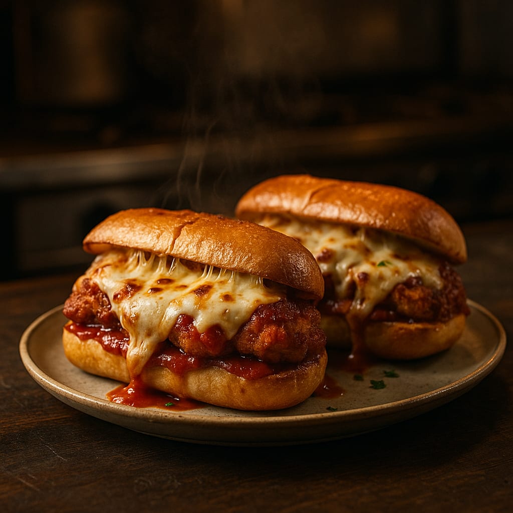 Parm Hero Subs — boneless chicken breasts, hoagie rolls, provolone slices, and marinara sauce