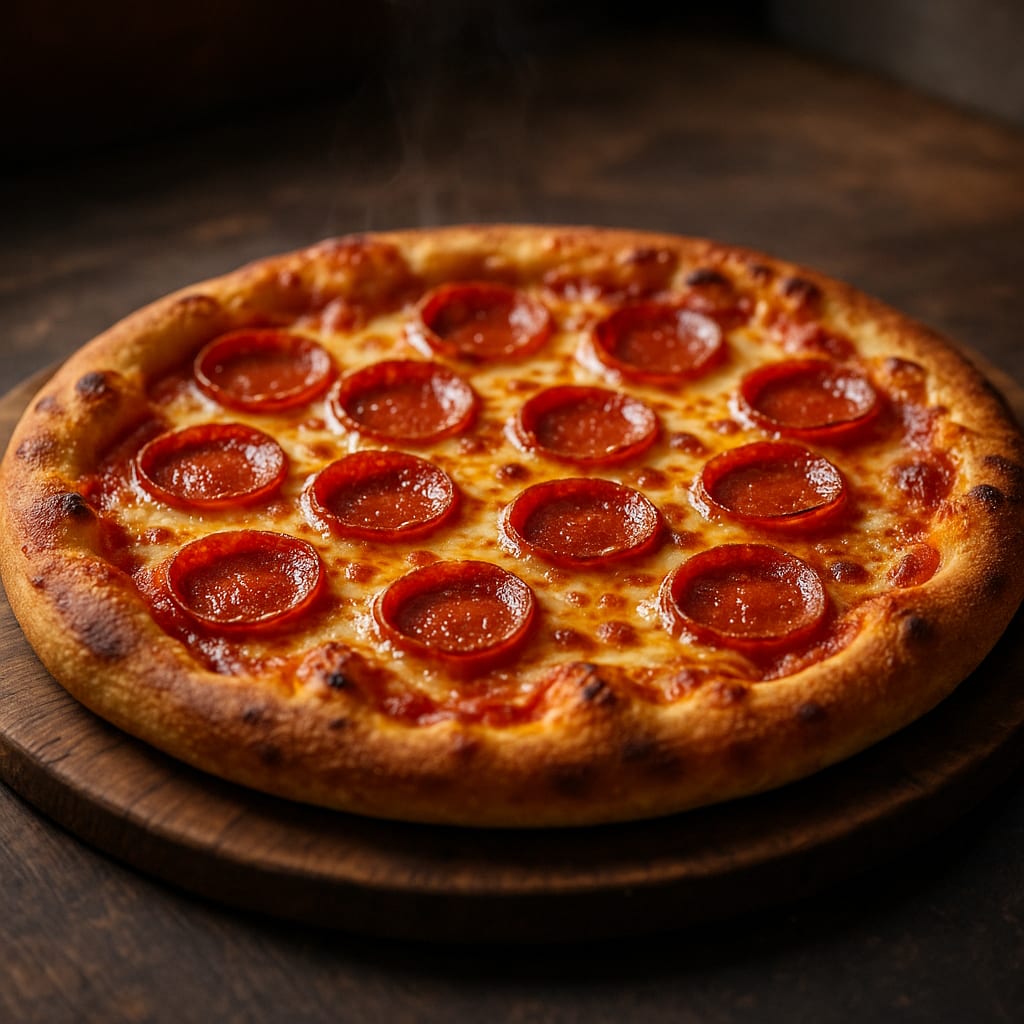 Classic Pepperoni Pizza — pepperoni slices, mozzarella cheese, and crushed tomatoes