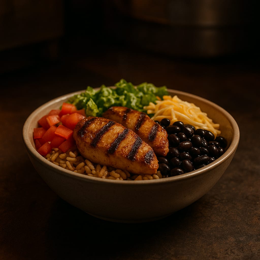 Chicken Burrito Bowls — brown rice, grilled chicken, black beans, lettuce, tomatoes, and shredded cheese