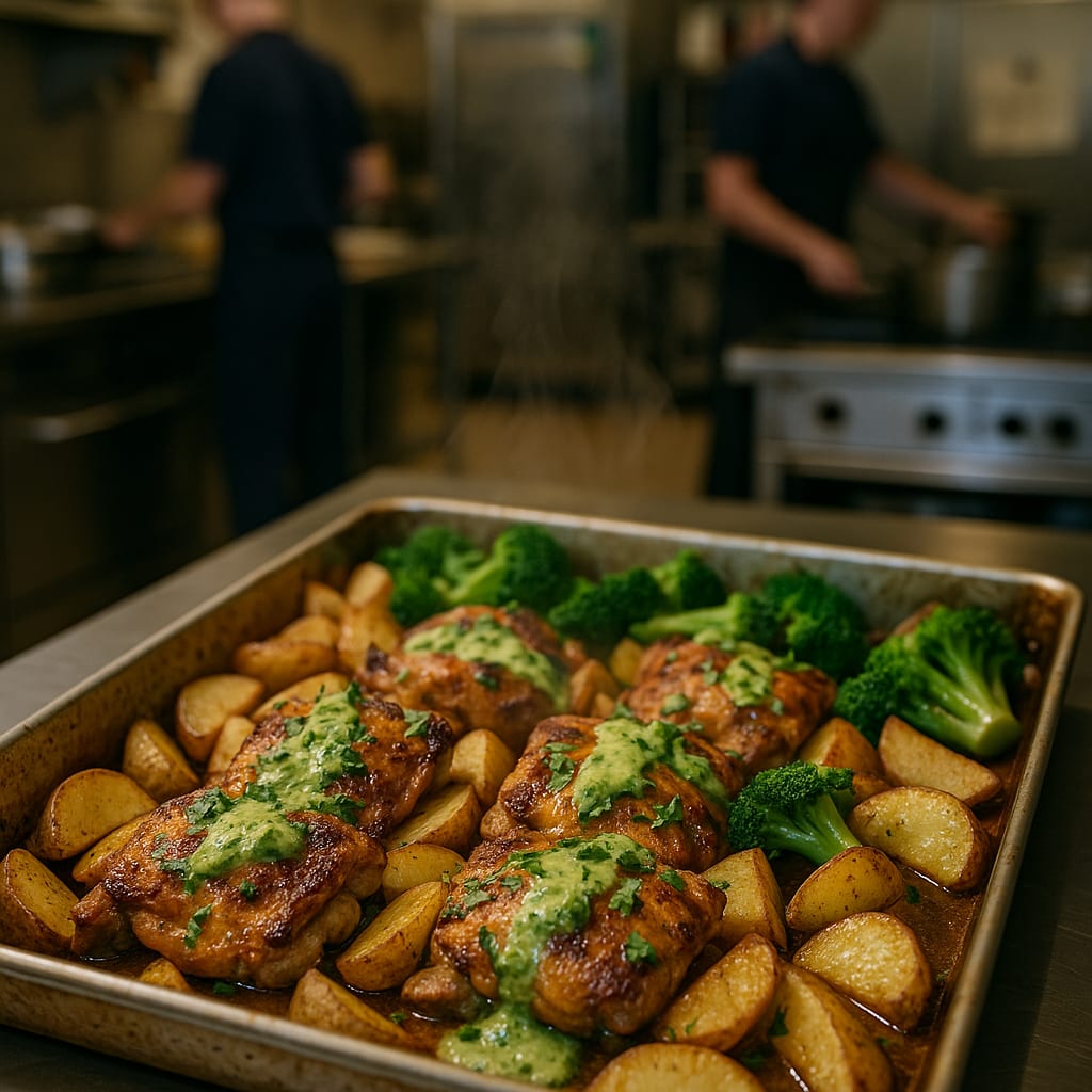 Peruvian-Style Sheet-Pan Chicken with Aji Verde — chicken thighs, red-skinned potatoes, and broccoli