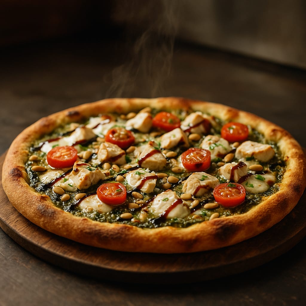 Pesto Chicken Pizza — pizza crust, basil pesto, cooked chicken breast, fresh mozzarella, cherry tomatoes, pine nuts, and balsamic glaze