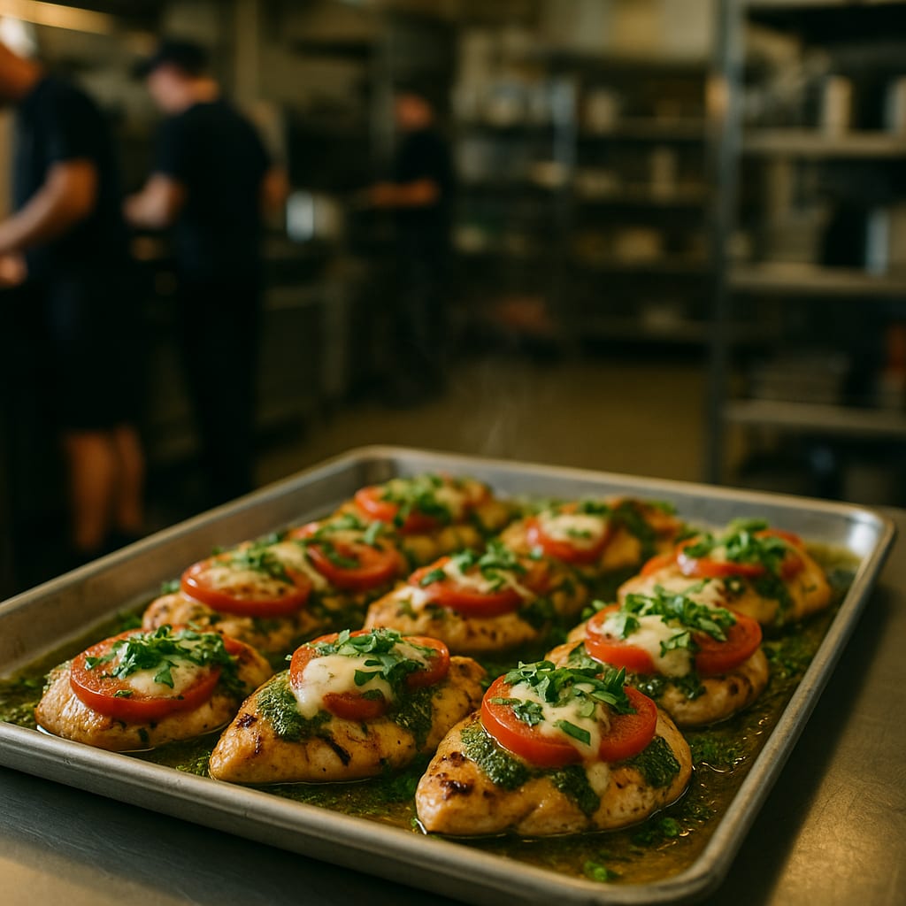 Pesto Chicken Tray — tomatoes, basil pesto, and fresh basil
