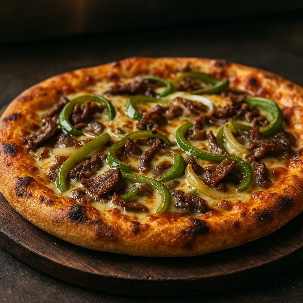 Philly Cheesesteak Pizza — pizza dough, ribeye or sirloin, bell peppers, yellow onions, provolone, and mozzarella