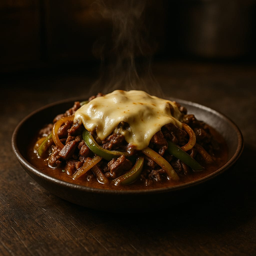 Philly Cheesesteak Skillet — ribeye or sirloin, provolone slices, bell peppers, and yellow onion