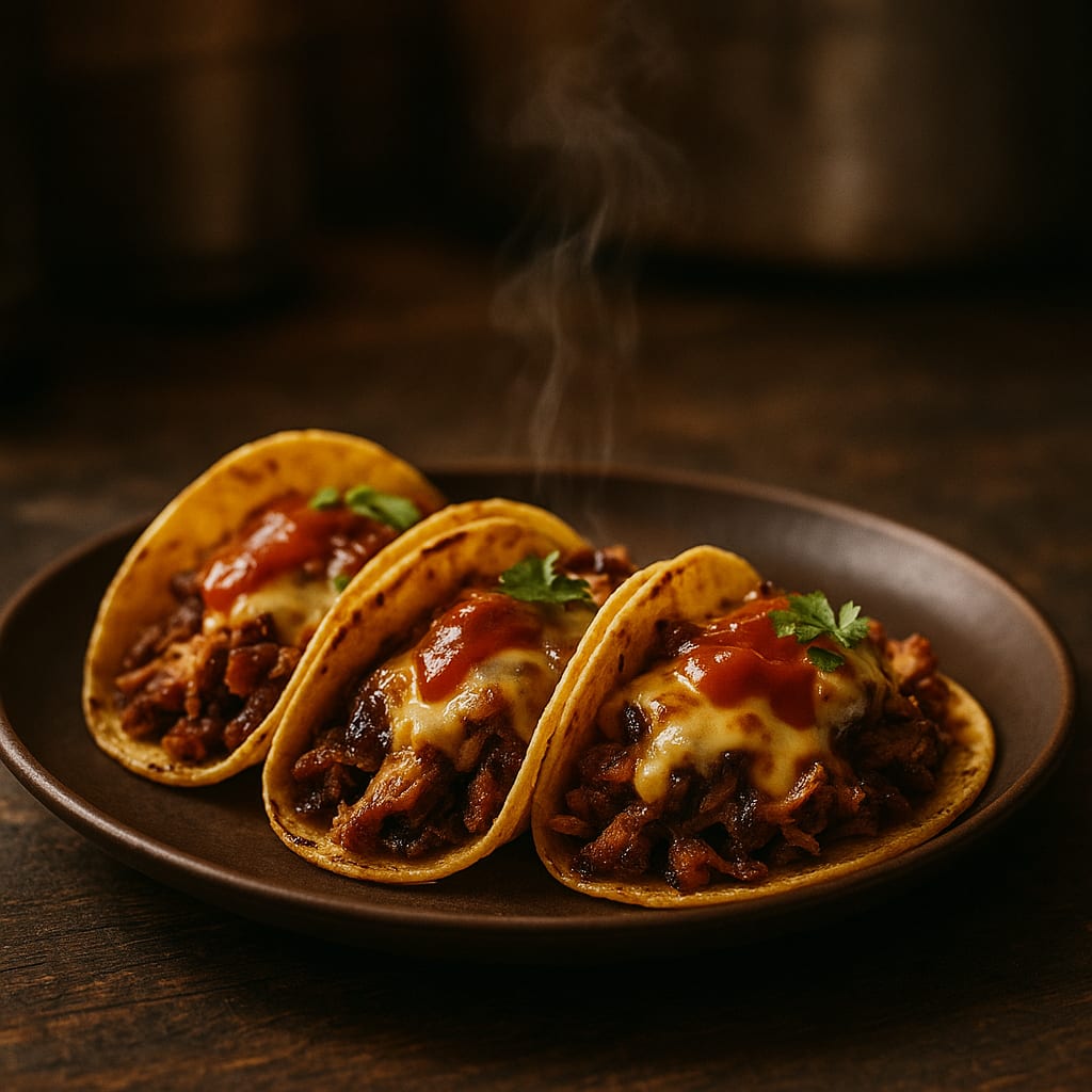 Pork Carnitas Tacos — tortillas, cilantro, sauce, and cheese
