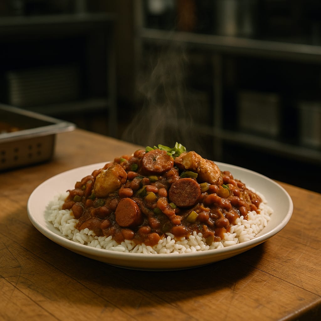 Red Beans and Rice for the Hall — red kidney beans, andouille sausage, green bell pepper, celery, and green onions