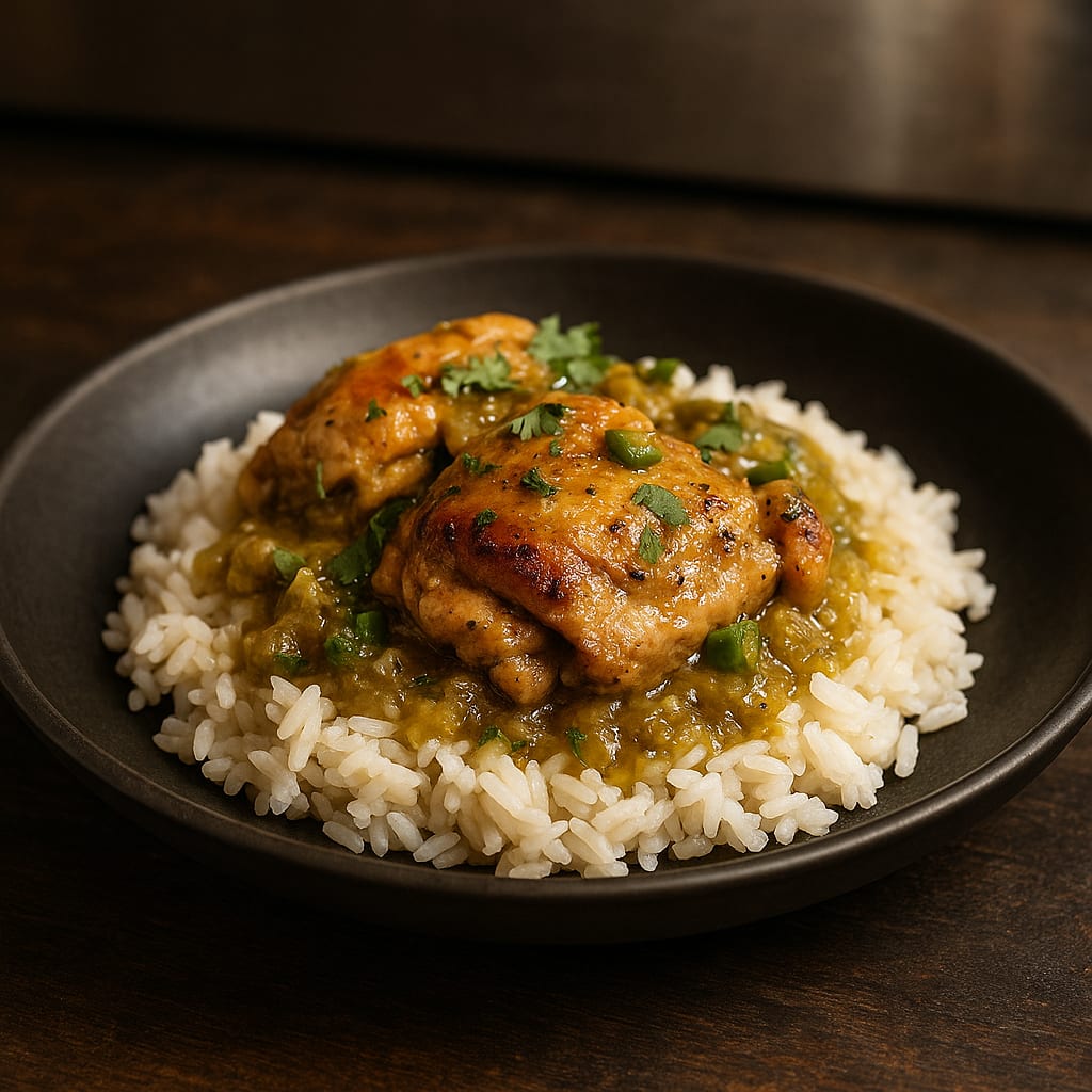 Salsa Verde Crock Chicken — chicken thighs, cilantro, and rice