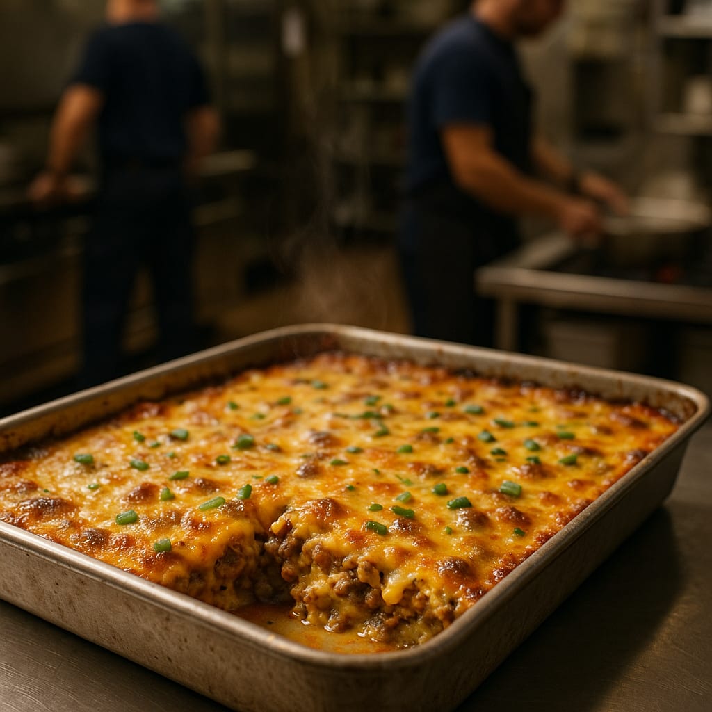 Sausage Egg Bake — breakfast sausage, shredded cheddar, yellow onion, and hash browns