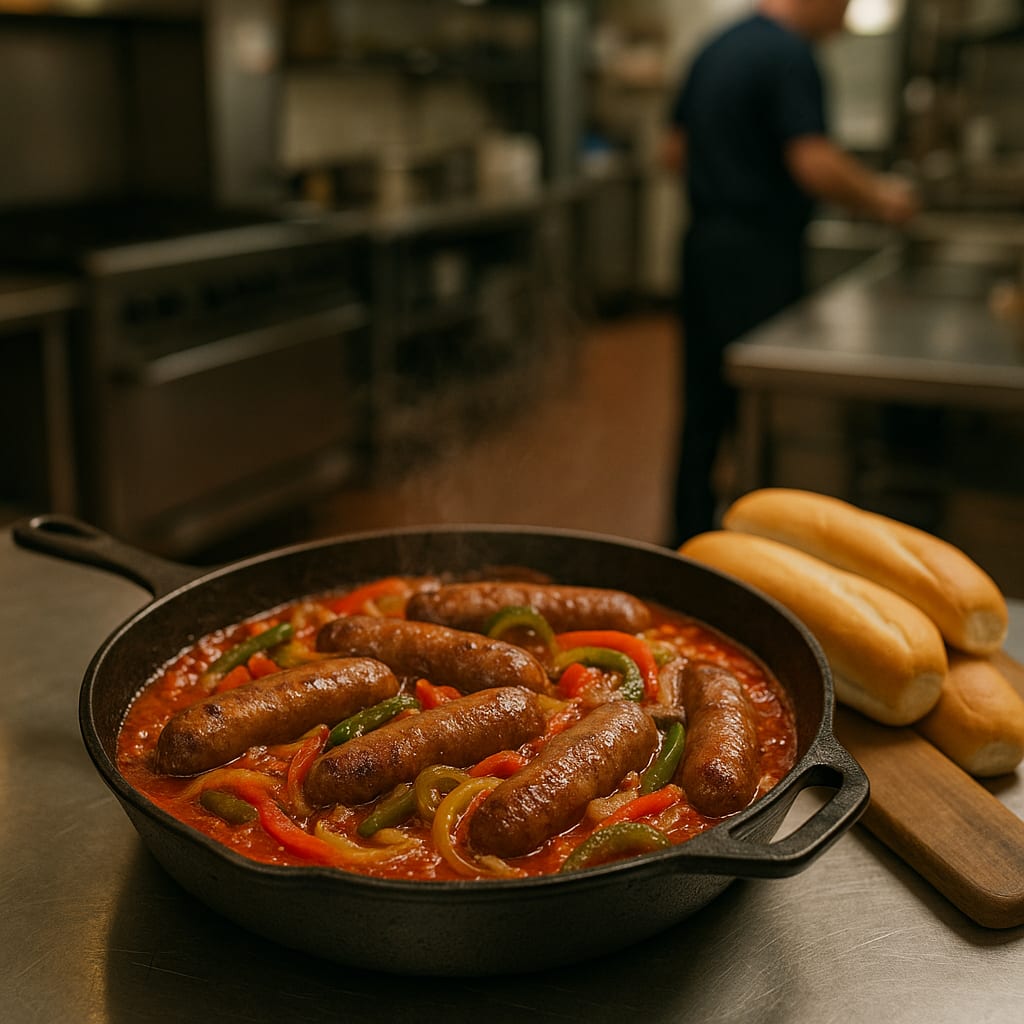 Sausage Peppers and Onions — italian sausage links, bell peppers, yellow onions, hoagie rolls, and marinara sauce