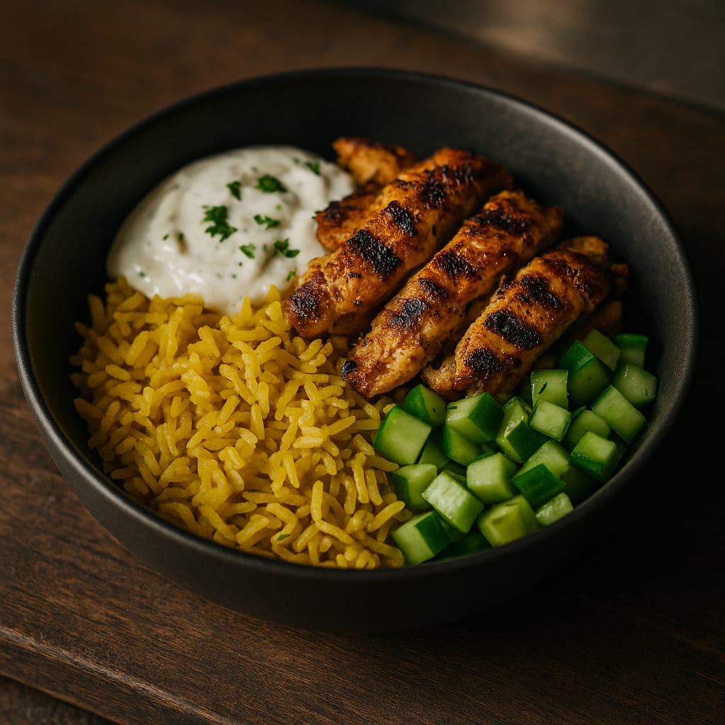 Shawarma Chicken Bowls — turmeric rice, cucumber, and yogurt