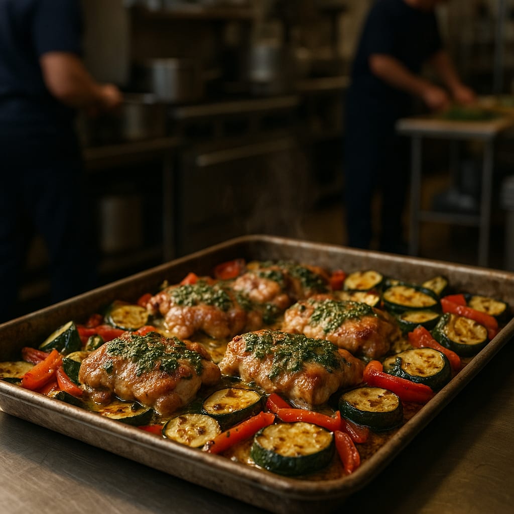 Sheet-Pan Chimichurri Chicken with Charred Vegetables — boneless chicken thighs, zucchini, and red bell peppers