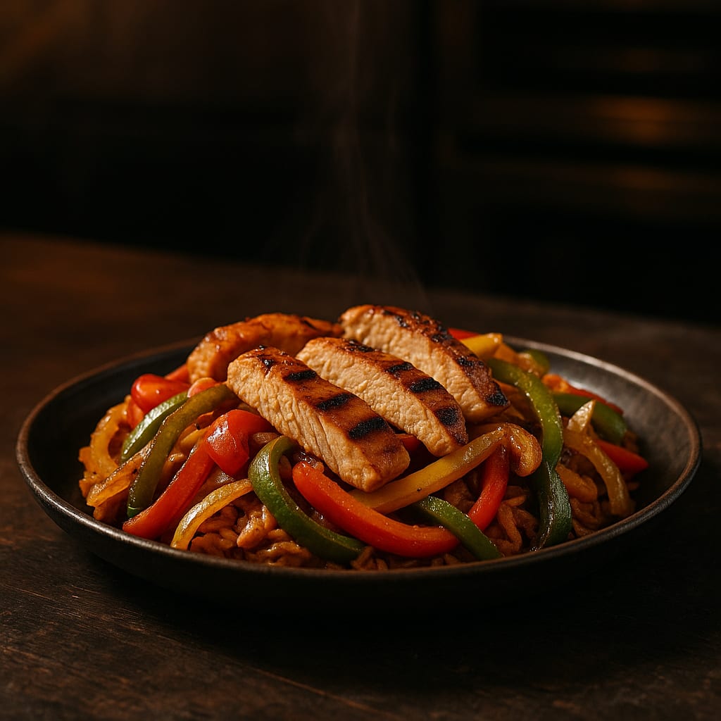 Chicken Fajitas — chicken strips, bell peppers, and red onion