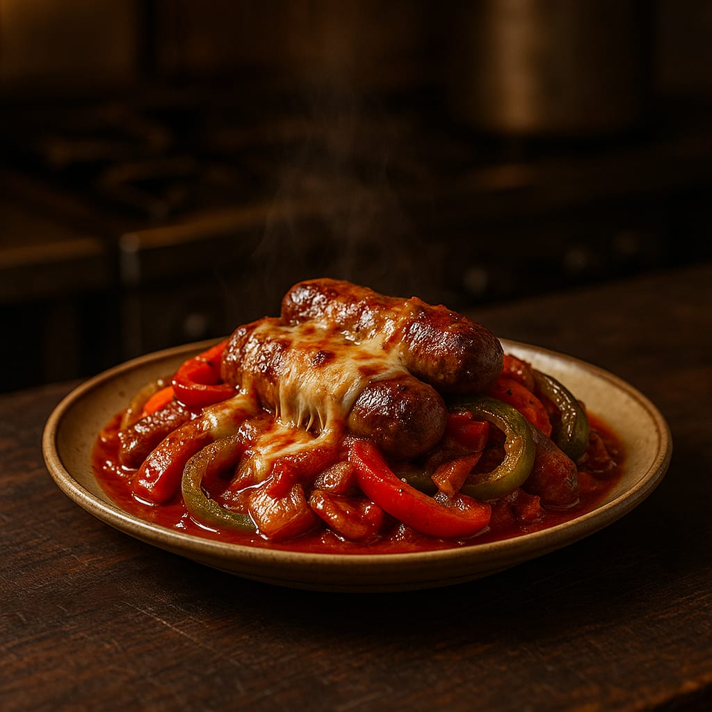 Sausage and Peppers — italian sausage links, bell peppers, yellow onion, and melted cheese