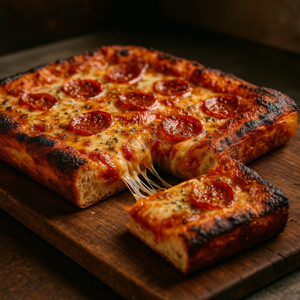 Sicilian Sheet Pan Pizza — thick crust pizza, pepperoni, mozzarella cheese, and tomato sauce