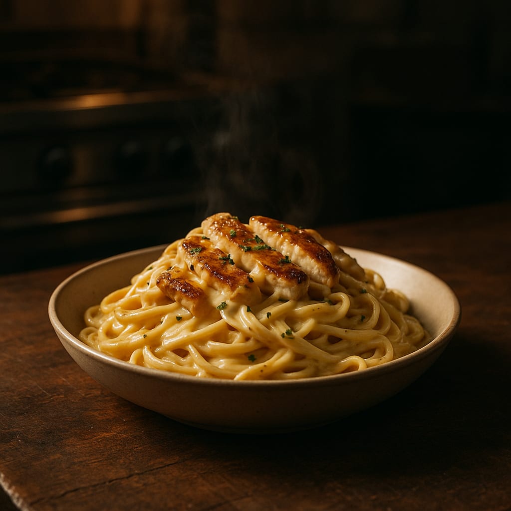 Chicken Alfredo — fettuccine, sliced chicken breasts, and parsley