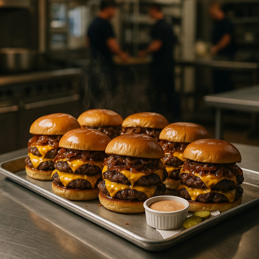 Double Smash Burgers — ground beef, potato burger buns, american cheese slices, yellow onions, dill pickle chips, and mayonnaise