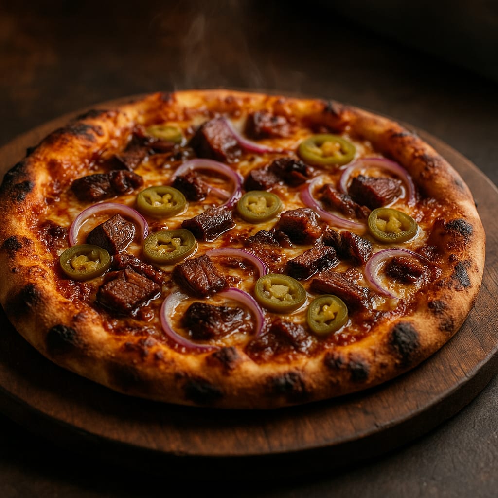 Smoked Brisket BBQ Pizza — pizza crust, cooked brisket, bbq sauce, red onion, and pickled jalapeños