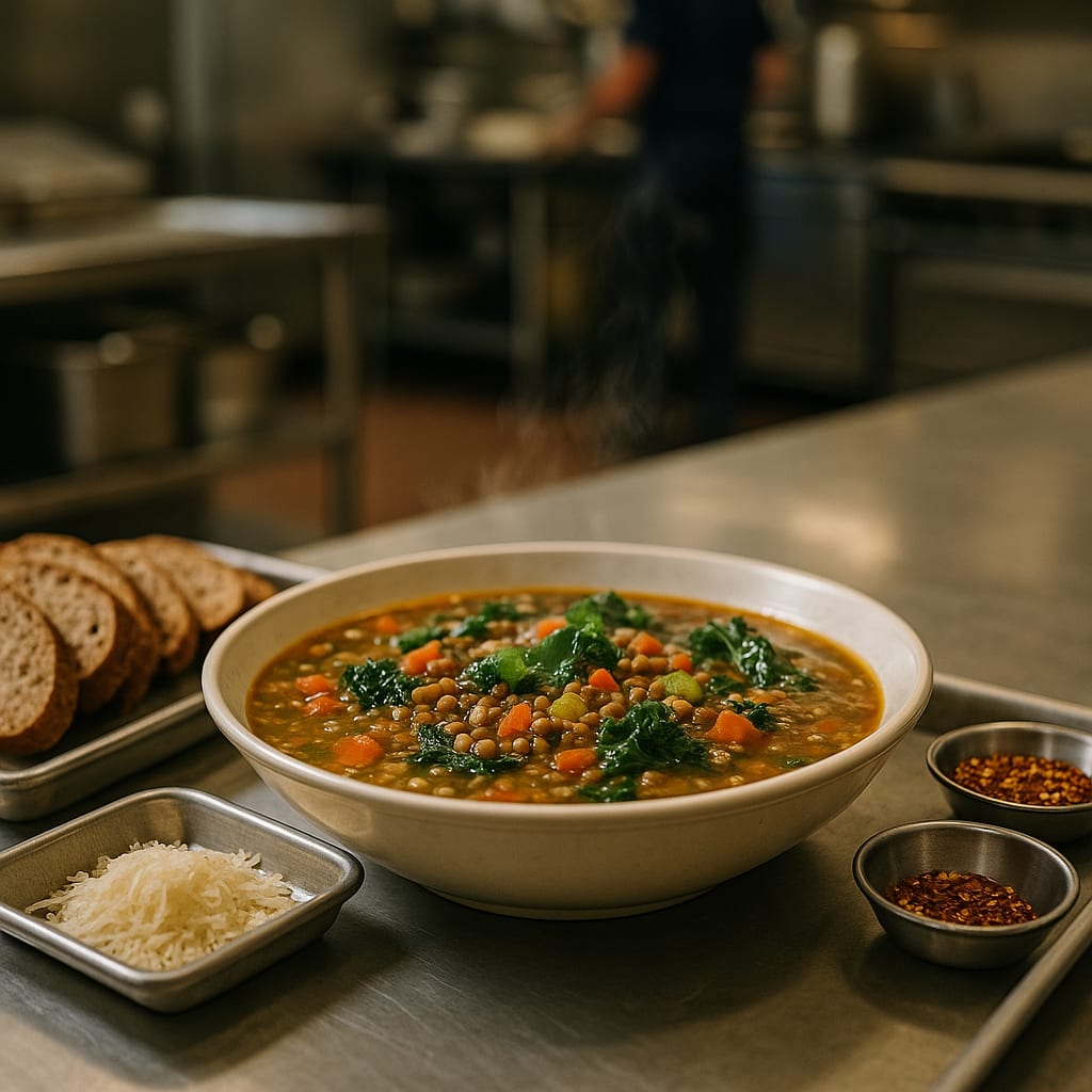 Lentil and Kale Soup — green lentils, yellow onion, carrots, celery stalks, lacinato kale, and fire-roasted diced tomatoes