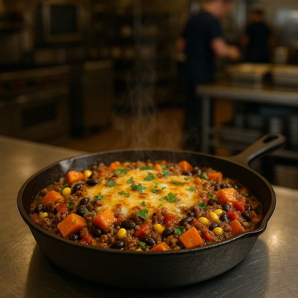 Southwest Beef & Sweet Potato Skillet — ground beef, sweet potatoes, black beans, corn, cheese, and parsley