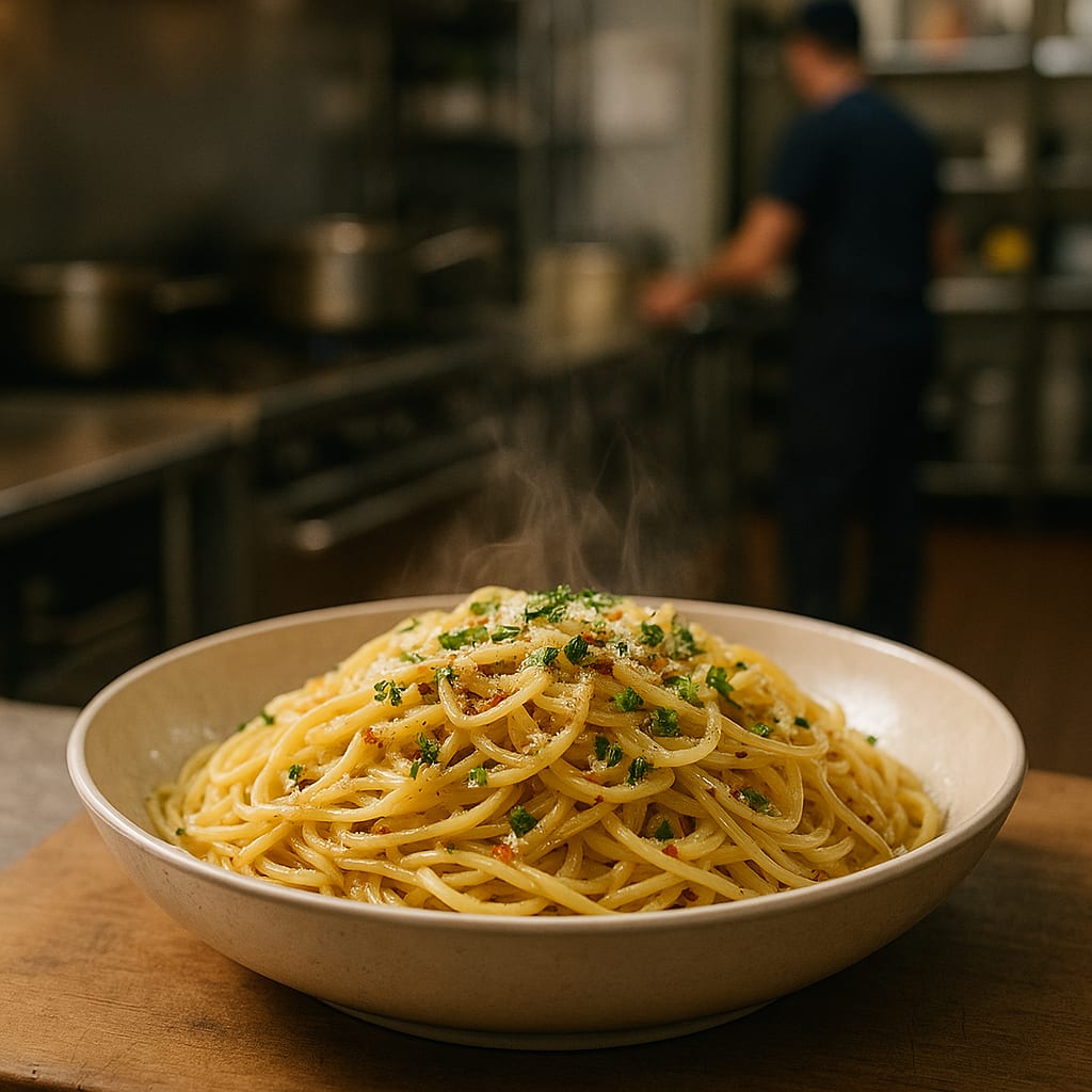 Spaghetti Aglio e Olio for the Hall — garlic, red pepper flakes, parsley, and grated parmesan