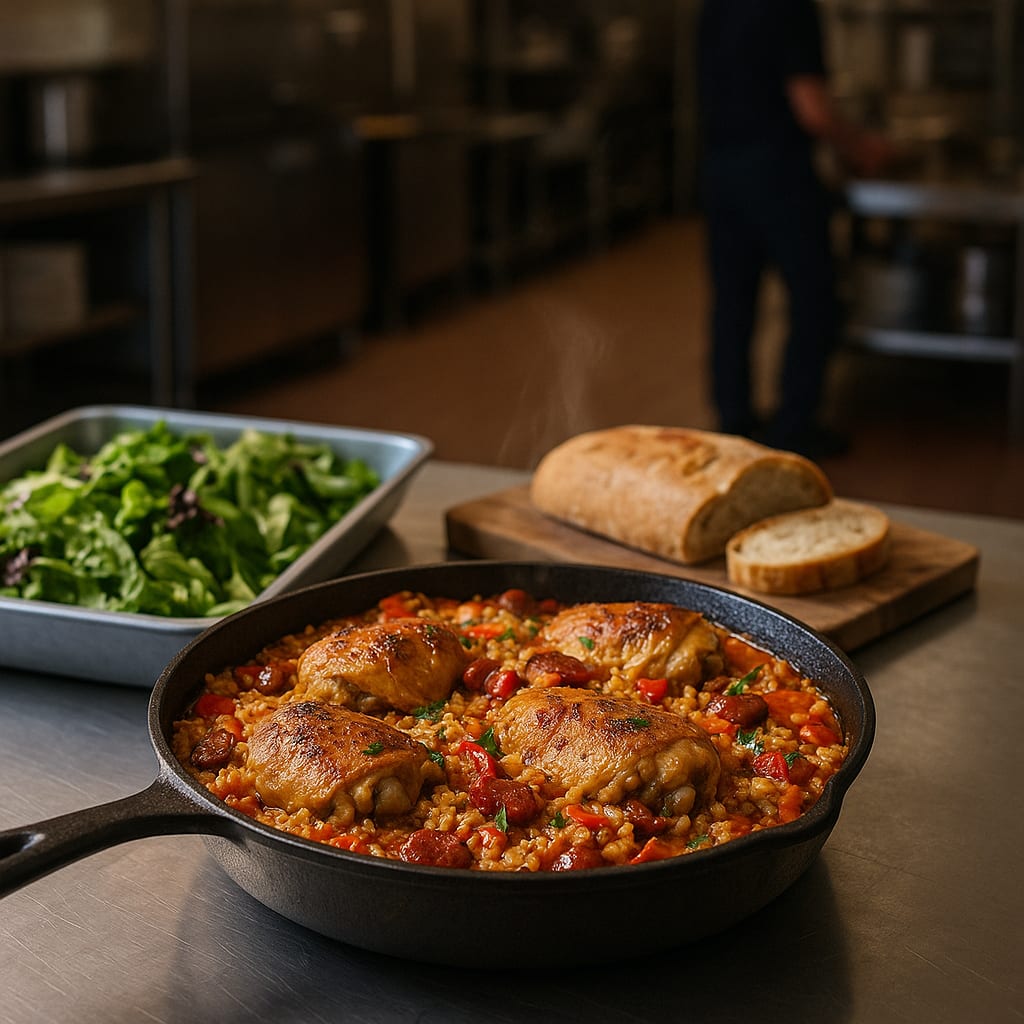 Chicken and Chorizo Rice — bone-in chicken thighs, spanish chorizo, short-grain rice, red bell pepper, and peas