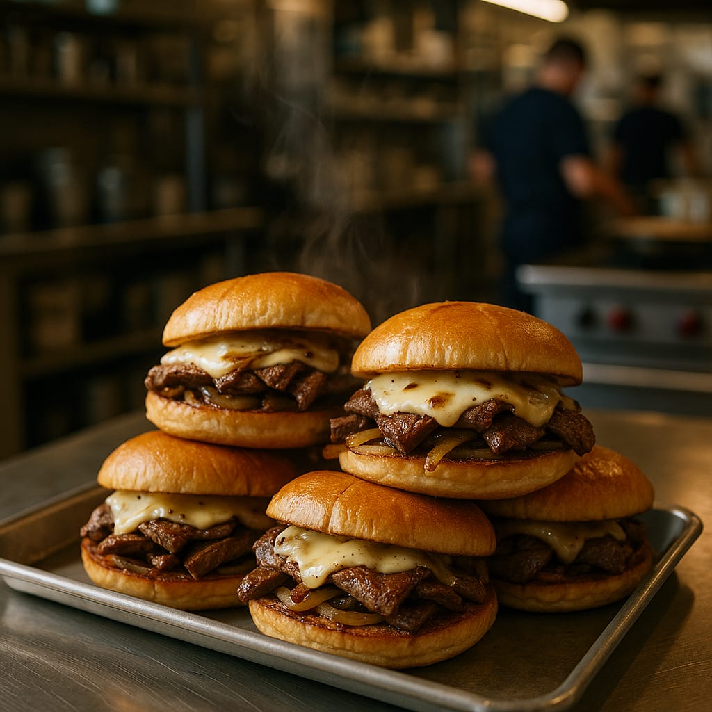 Chopped ribeye cheesesteaks with provolone and onions on brioche buns