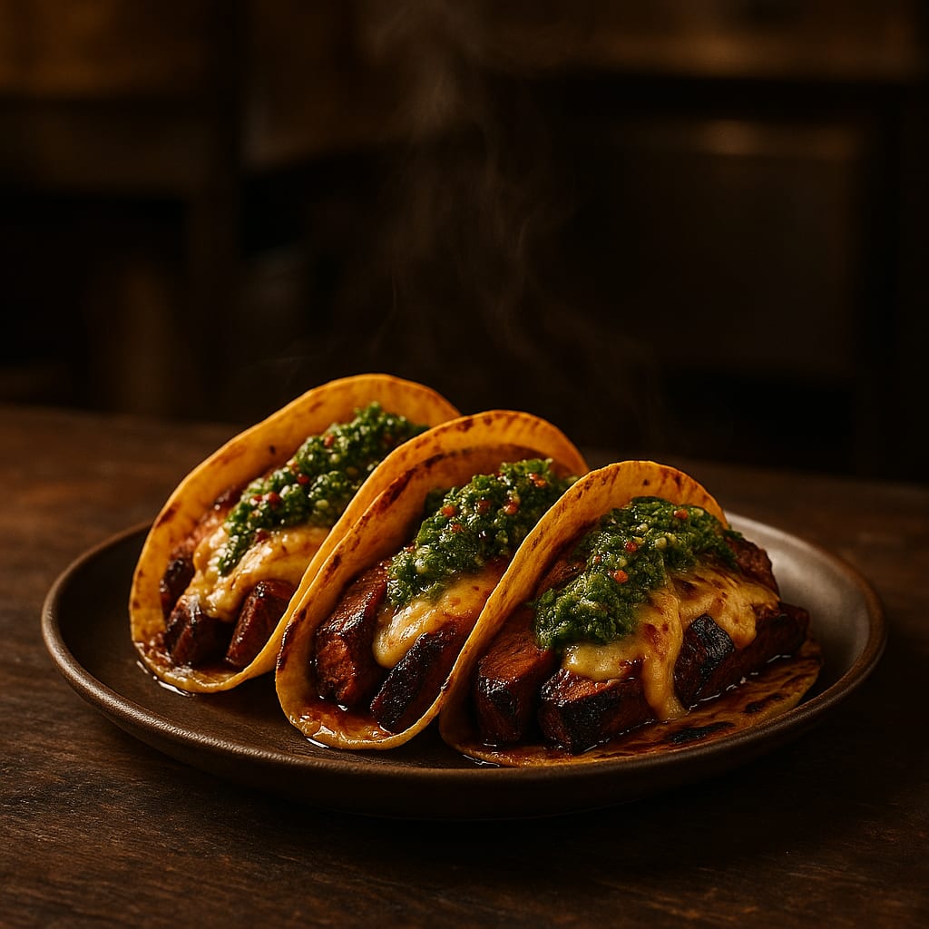 Skirt steak tacos on corn tortillas with chimichurri and cotija
