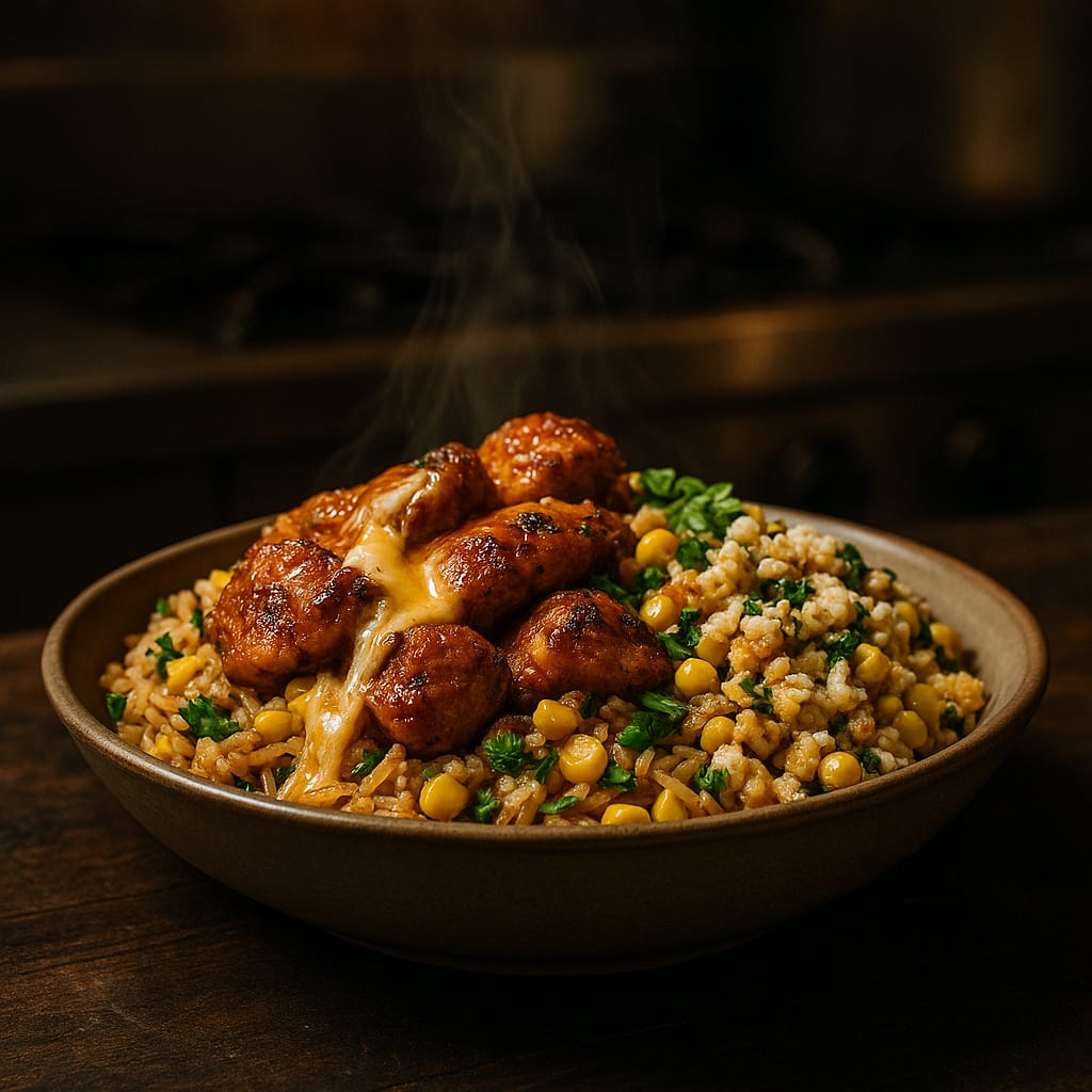 Street Corn Chicken Bowls — rice and green garnish