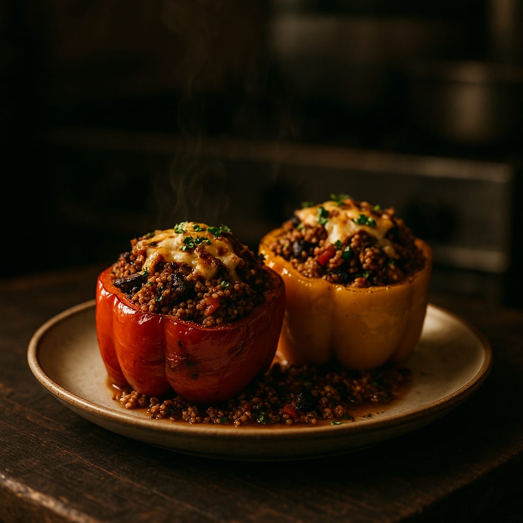 Quinoa Stuffed Peppers — bell peppers, ground beef, cooked quinoa, crushed tomatoes, and shredded mozzarella