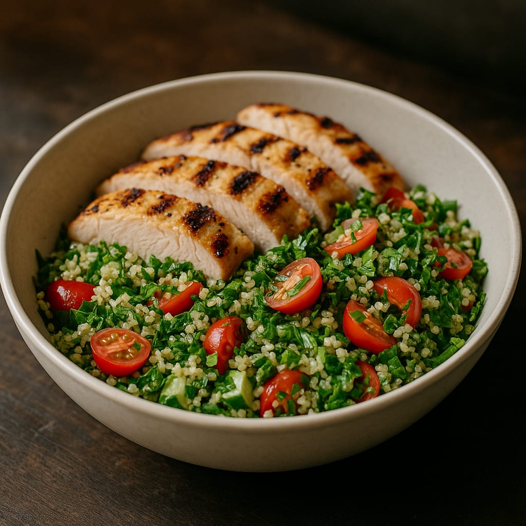 Tabbouleh Chicken Bowls — boneless chicken breasts, fine bulgur, fresh parsley, cherry tomatoes, and english cucumber