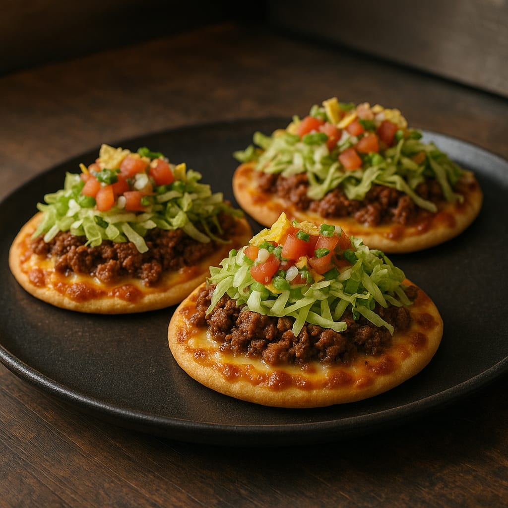Taco Pizza — pizza dough, ground beef, shredded iceberg lettuce, pico de gallo, and crushed tortilla chips