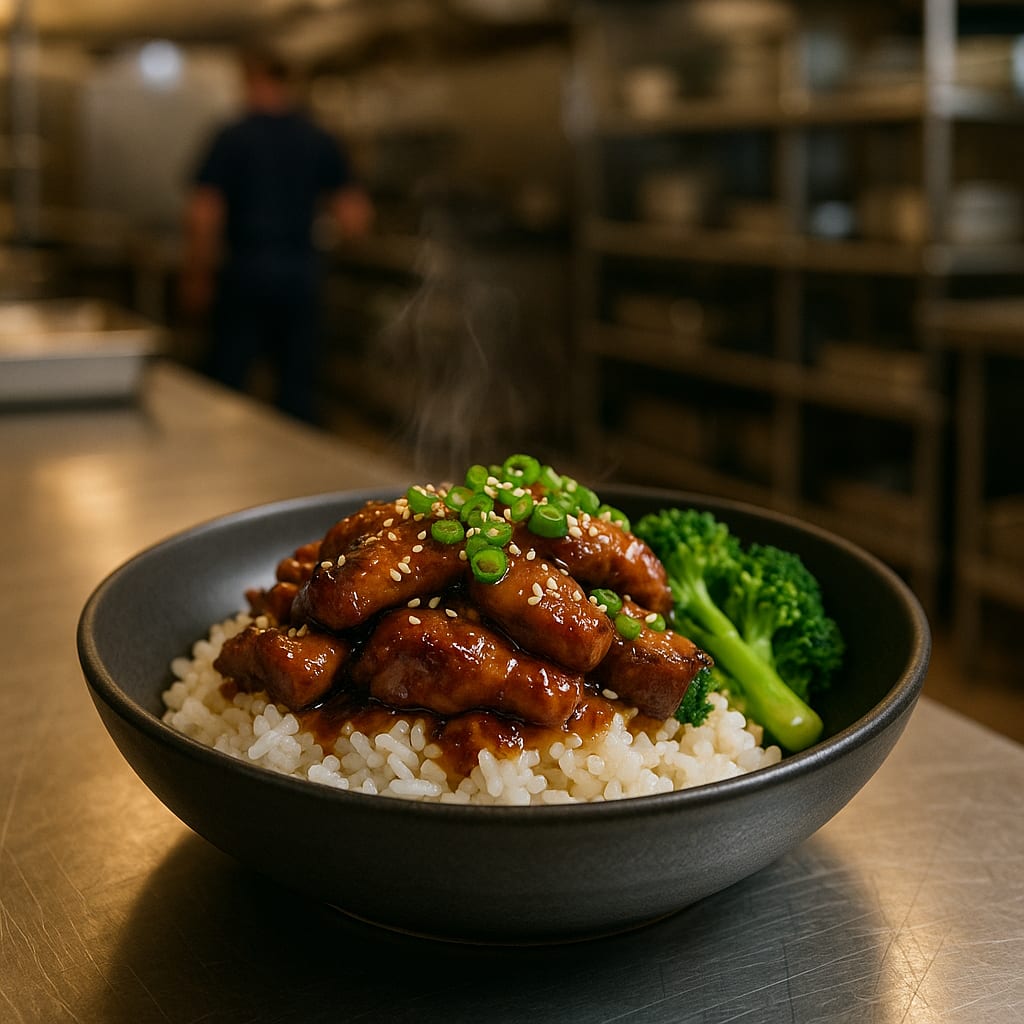 Teriyaki Chicken Donburi — short-grain rice, boneless chicken thighs, teriyaki sauce, broccoli florets, sesame seeds, and green onions