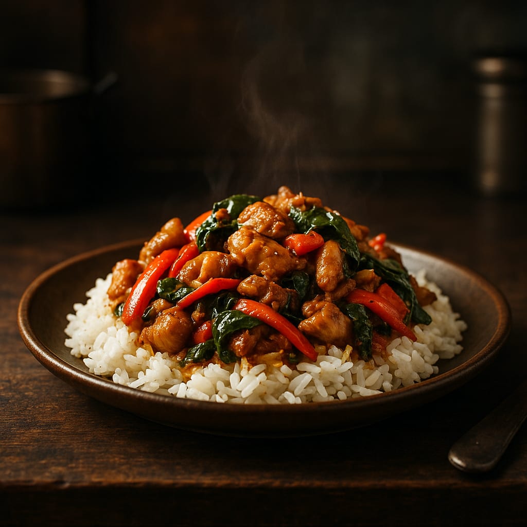 Thai Basil Chicken — jasmine rice, boneless chicken thighs, red bell peppers, and thai basil leaves