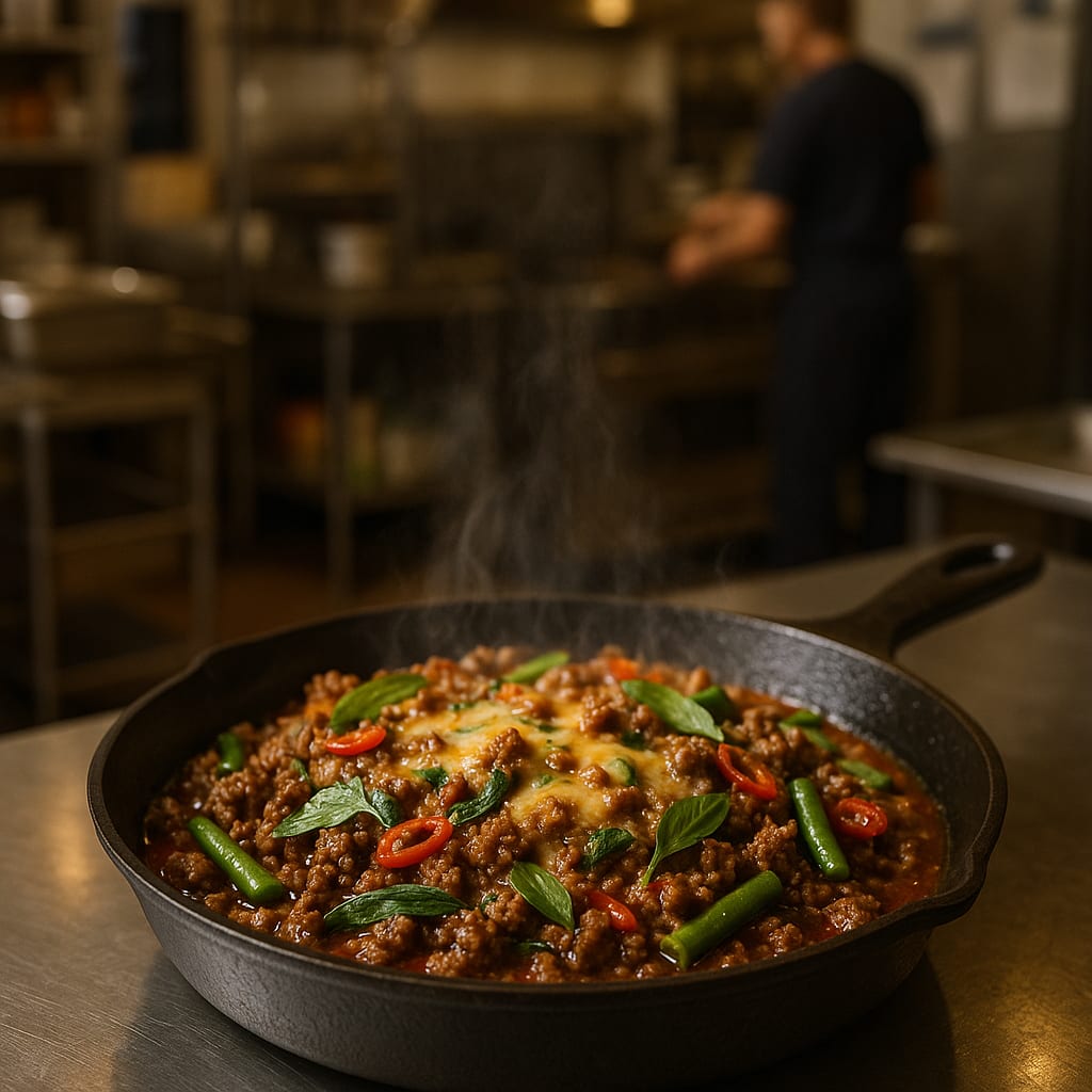 Thai Basil Ground Beef Skillet — green beans and chilies