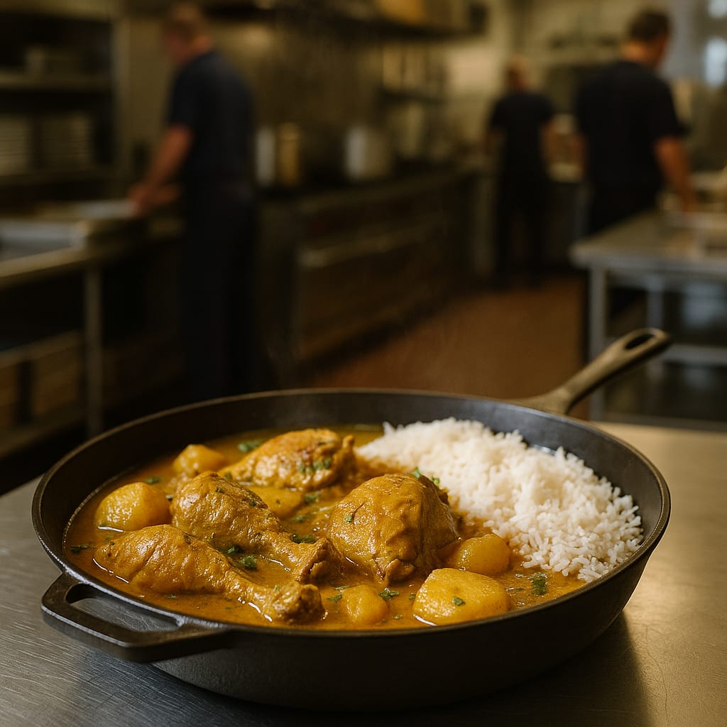 Trinidadian-Style Curry Chicken with Potatoes — bone-in chicken thighs, curry sauce, and white rice