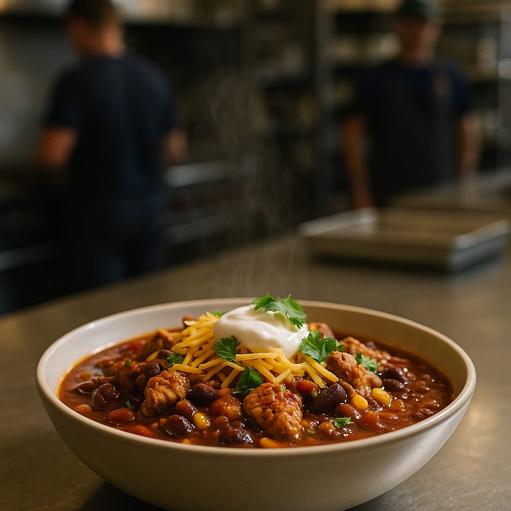 Turkey Chili — ground turkey, kidney beans, crushed tomatoes, diced tomatoes, shredded cheese, sour cream, and cilantro