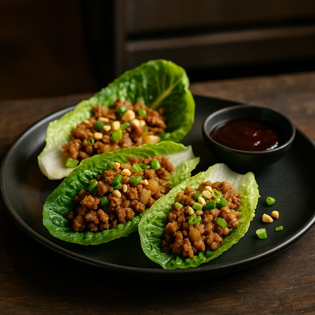 Turkey Lettuce Wraps — ground turkey, romaine lettuce, green onions, crushed peanuts, and hoisin sauce