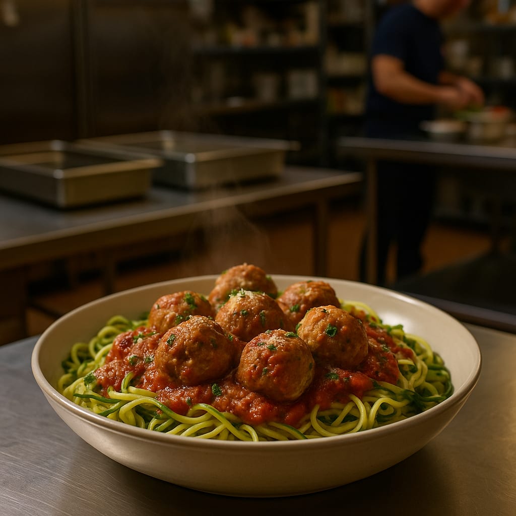 Turkey Meatballs with Zucchini Noodles — marinara sauce and fresh basil