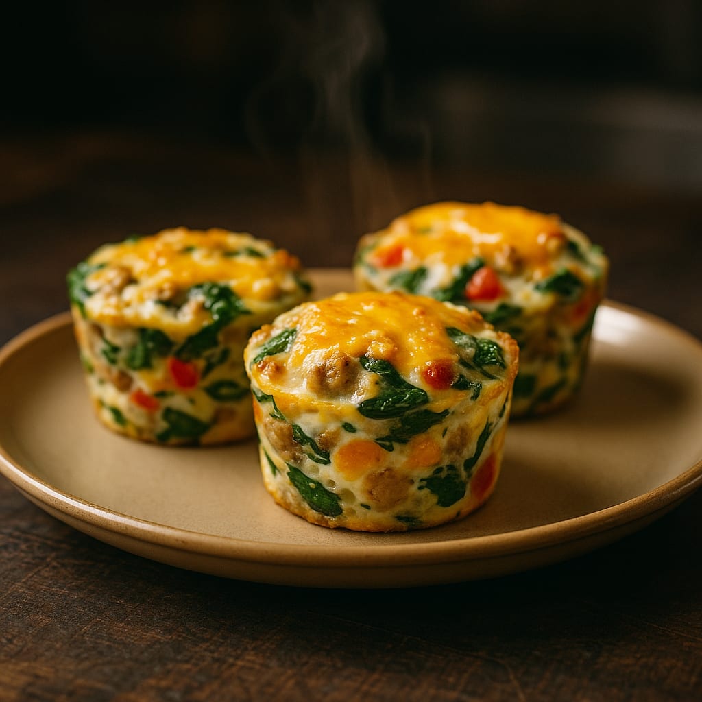 Turkey Sausage Egg Muffins — spinach, red bell pepper, and cheddar cheese