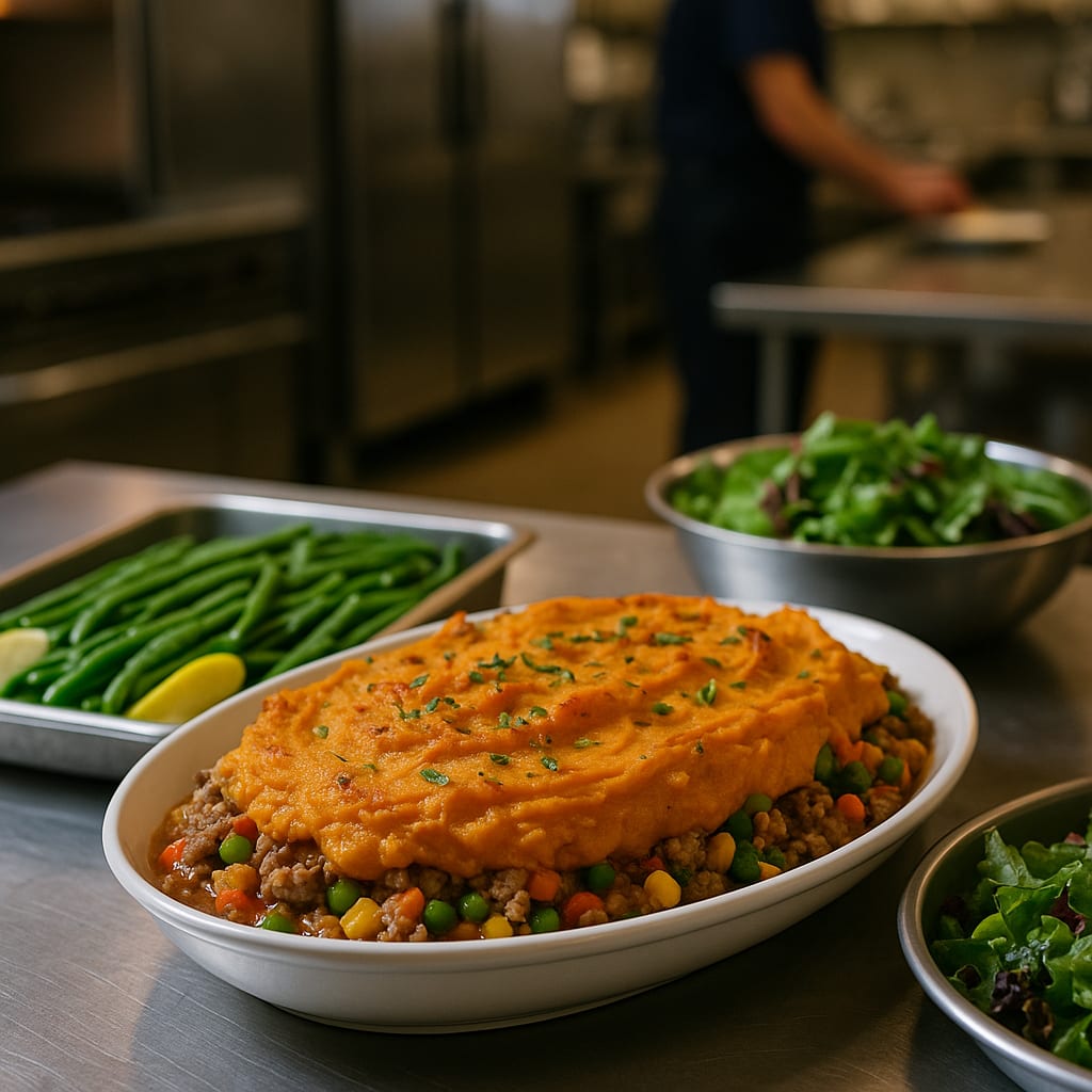 Turkey Shepherd's Pie — ground turkey, sweet potato mash, and mixed vegetables