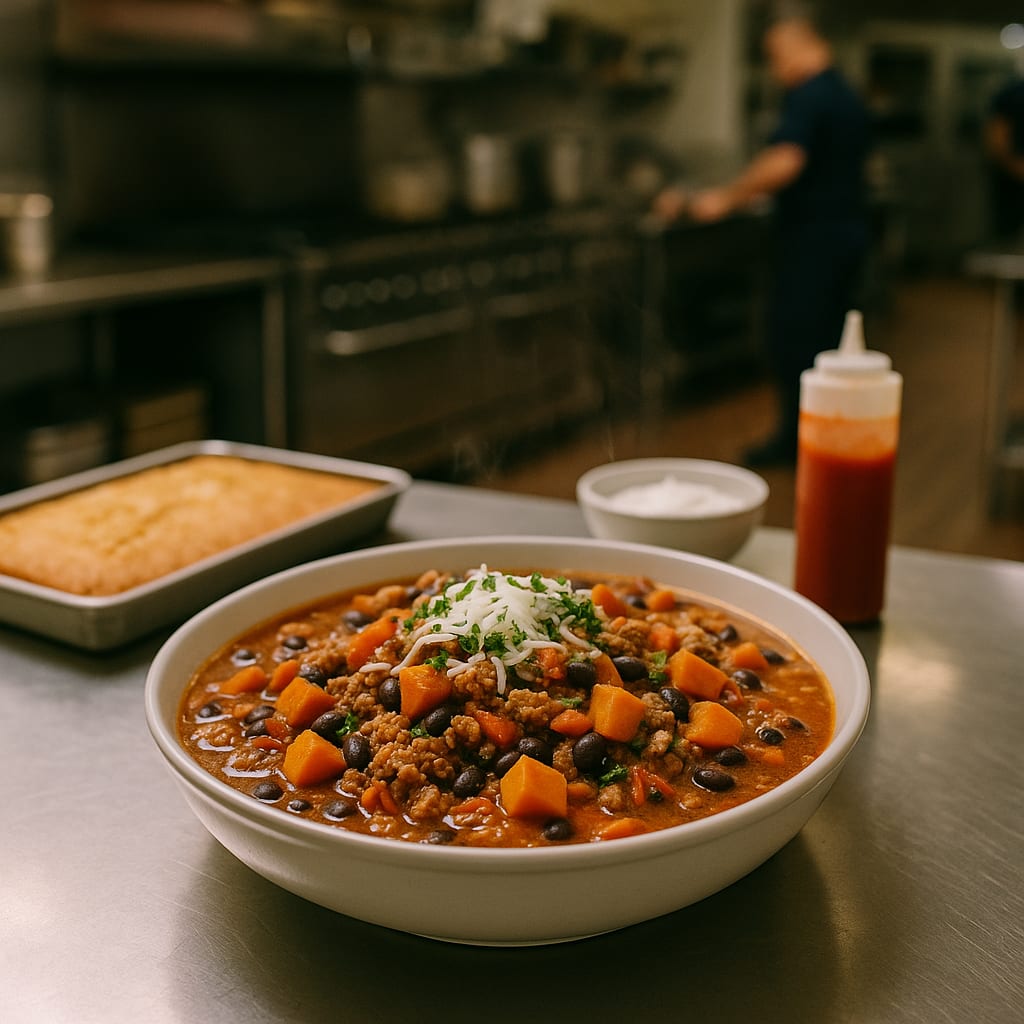 Turkey Sweet Potato Chili — ground turkey, sweet potatoes, black beans, diced tomatoes, onion, and red bell pepper